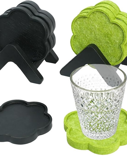 Acacia Wood Coasters Set of 8 with Holders, 4 Acacia Wood & 4 Absorbent Felt Pads, 3 Inches Fit Coffee Table, Home, Office, Bar, Coasters Set of 8 (Flower Black)