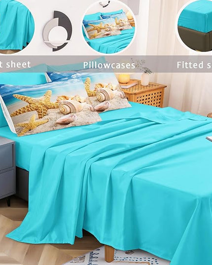 Bedbay Beach Comforter Set 8 Pieces Queen Size Coastal Bedding Queen Bed in a Bag Shell Starfish Beach Themed Bedding Set Soft Microfiber Ocean Comforter for All Season