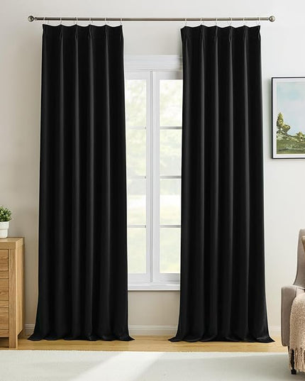 KEQIAOSUOCAI Black Curtains Blackout 104 Inches Long, Luxury Faux Silk Polyester Pinch Pleated Thermal Insulated Black Out Curtains with Hooks for Bedroom Living Room Home Office 40x104
