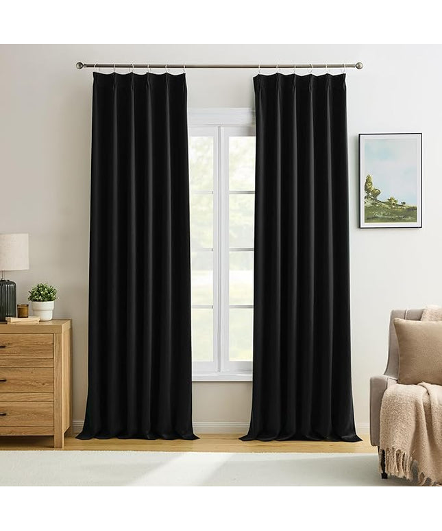 KEQIAOSUOCAI Black Curtains Blackout 100 Inches Long, Luxury Faux Silk Polyester Pinch Pleated Thermal Insulated Black Out Curtains with Hooks for Bedroom Living Room Home Office 40 x 100