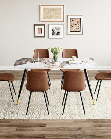 7 Piece Dining Table Set, 62'' Sintered Stone Dinner Table Set for 6, 6 Chair Dining Table Set, Easy to Assemble