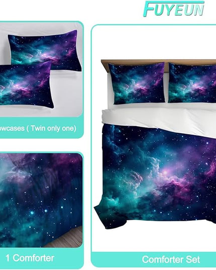 Galaxy Bedding Set King Size Blue Space Comforter for Girls Boys Women Bedroom Decor Moon Cloud Starry Sky Glitter Star Quilt Bed Sets, 1 Comforter 2 Pillowcases