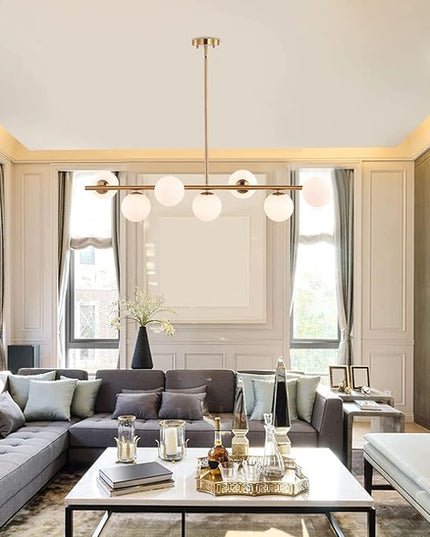 7 Lights Modern Sputnik Chandelier Globe White Glass Shade Brass Linear Mid Century Farmhouse Pendant Light Fixture for Kitchen Island Bedroom Dining Lighting (Gold)