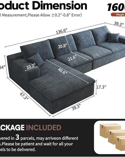 136.6'' L-Shaped Modern Modular Sectional Cloud Couch, 4-Seat Chenille Deep-Seat Sofa with Pillow for Living Room, Bedroom, Apartment, Ocean Blue