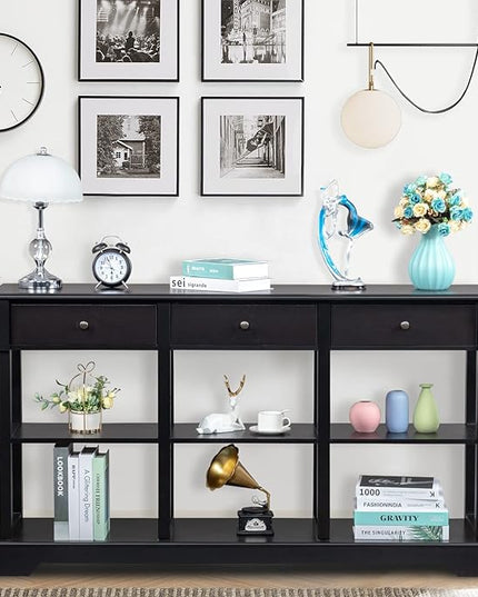 Karl home Console Table with 3 Drawers, 58" W Entryway Desk Sofa Side Table with 6 Bottom Cube Storage Shelves, Vintage TV Stand for Hallway Living Room Office, Black 32.5" H