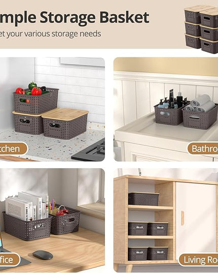 Plastic Storage Baskets with Bamboo Lids, Stackable Small Box Bins for Organizing and Containers for Shelves Drawers Desktop Closet Pantry Classroom Office Home, 6 Pack 10.2x7.2x4.1 Inch, Brown