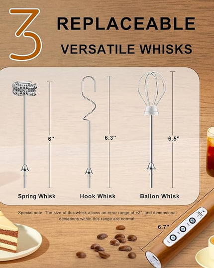 YUSWKO Wood Grain Handheld Milk Frother Wand with Stand for Coffee, Rechargeable Electric Whisk with 3 Heads 3 Speeds Drink Mixer Coffee Frother For Latte, Cappuccino, Hot Chocolate, Egg