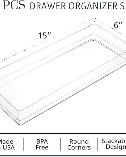 STORi SimpleSort 2-Piece Stackable Clear Drawer Organizer Set | 15" x 6" x 2" Rectangle Trays | Wide Makeup Vanity Storage Bins and Office Desk Drawer Dividers | Made in USA