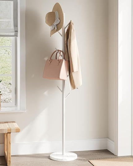 ELYKEN Coat Rack Freestanding with Natural Marble Base, Metal Coat Rack Stand with 10 Hooks, 3 Adjustable Size Coat Tree for Bags, Clothes, and Hats for Entryway, Bedroom, Hallway, Office, White
