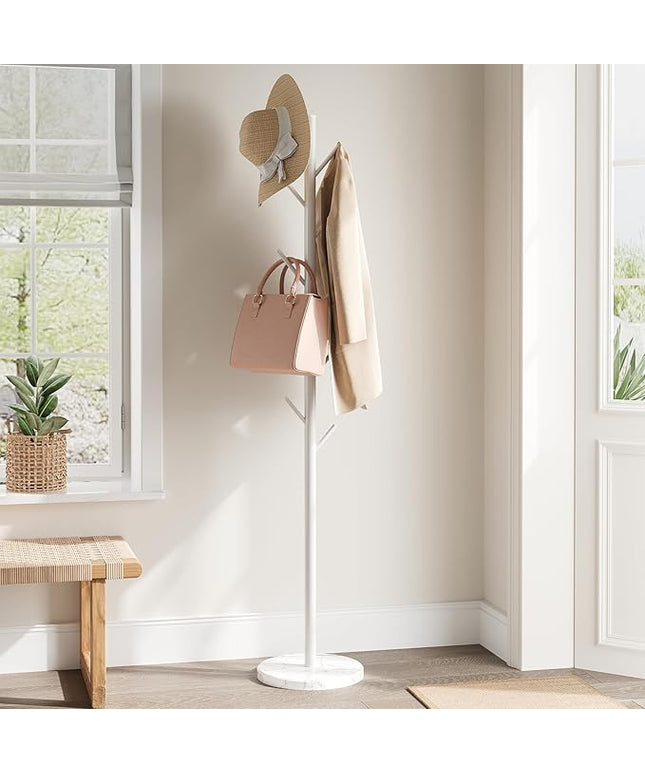 ELYKEN Coat Rack Freestanding with Natural Marble Base, Metal Coat Rack Stand with 10 Hooks, 3 Adjustable Size Coat Tree for Bags, Clothes, and Hats for Entryway, Bedroom, Hallway, Office, White