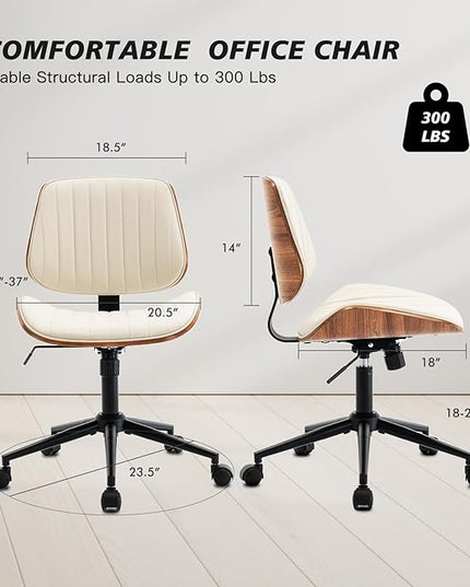 Armless Desk Chair with 360°Swivel Wheels, Ergonomic Adjustable Height Computer Chair for Home Office,PU Leather with Modern Walnut Drafting Chairs for Office, Reading Nook(Beige)