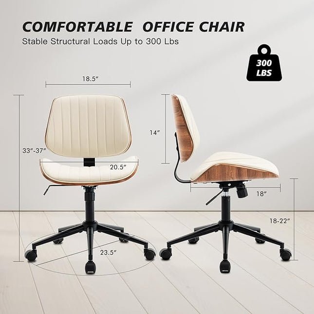 Armless Desk Chair with 360°Swivel Wheels, Ergonomic Adjustable Height Computer Chair for Home Office,PU Leather with Modern Walnut Drafting Chairs for Office, Reading Nook(Beige)