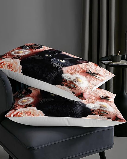 AILONEN Kids Cute Black Kitten Print Bedding Sets for Room Decor Queen Size,Pink Flowers Butterfly Comforter Set for Kids Girls,Kawaii Animal Duvet Set,3-Piece, 1 Quilt and 2 Pillowcases,Soft
