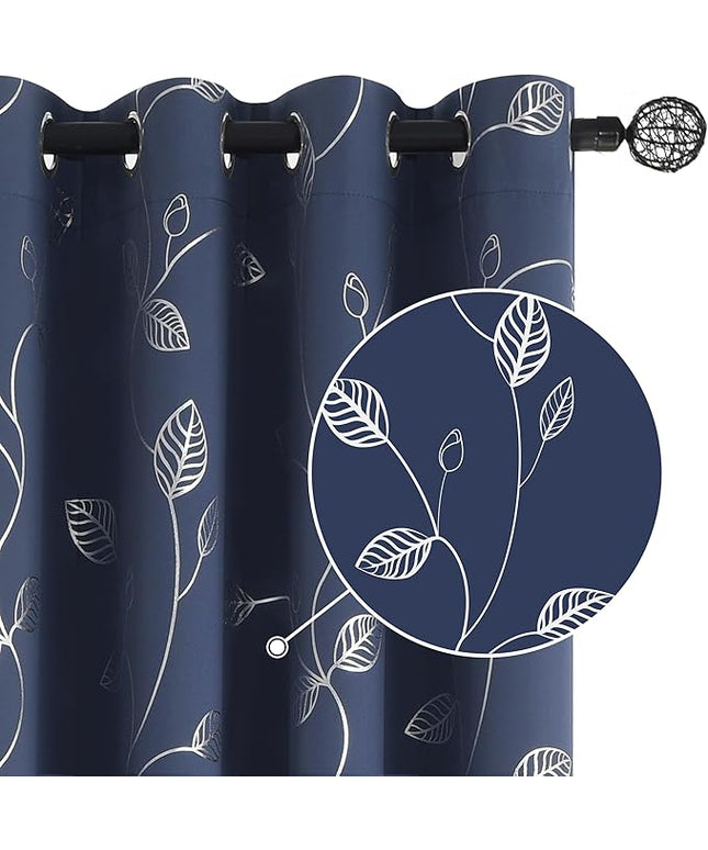 BUHUA Heat Blocking Curtains, Black Out Curtains 72 Inch Long 2 Panels Burg, Soundproof Curtains with Silver Leaf Printed (52 x 72 Inch,Navy Blue,Set of 2 Panels)