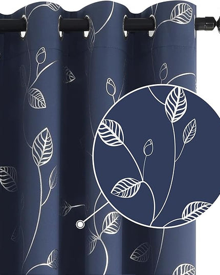 BUHUA Navy Blackout Curtains 84 Inches Long, Darkening Curtains for Bedroom Window Curtain Panels with Leaf Pattern (52 x 84 Inch, Navy Blue, 2 Panels)