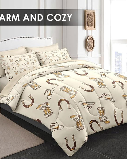 Comforter Set Twin Size, Vintage Cowgirl Cowboy 5 Pcs Bedding for Kids and Adults, Retro Western Horseshoe Bed Sheet Sets with Fitted Sheet Pillowcase & Sham
