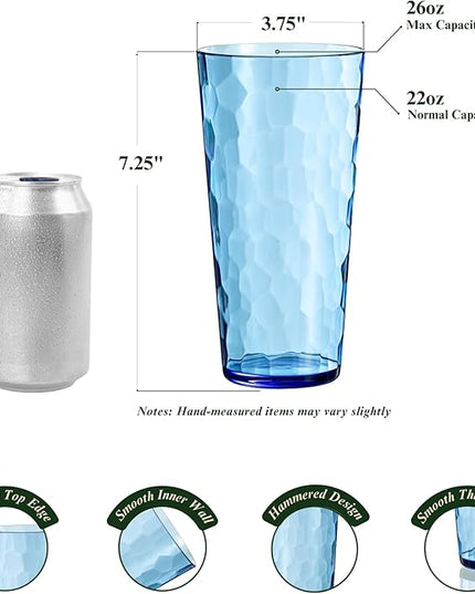 26oz Blue Acrylic Glasses Drinkware (Set of 6), Hammered Design Shatter-Proof Plastic Cups, Reusable Large Drinking Tumblers, Stackable, BPA-Free, Dishwasher-Safe (Blue)