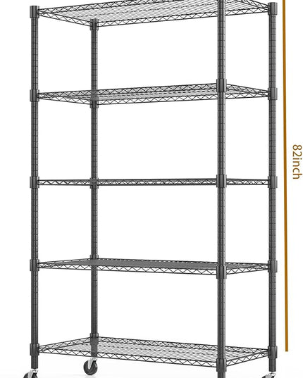 Himimi 5-Tier Heavy Duty Steel Wire Rack Storage Shelving, Adjustable Metal Storage Shelves with Wheels, 82''H Wire Shelf for Kitchen Garage Basement Pantry Organization, 18" D×36" W×82" H-Black