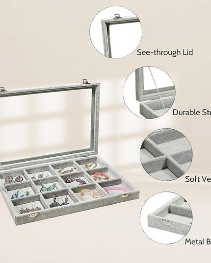 Stratalife Jewelry Holder Organizer Jewelry Organizer Box Bracelet Storage Velvet Jewelry Tray with Clear Lid Jewelry Drawer Organizer Jewelry Display Tray 12 Grid Grey