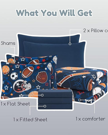 Full Size Comforter Set for Boys-7 Pieces Sports Ball Games Glow in The Dark Full Bedding Sets for Kids, Ultra Soft Bed in A Bag with Sheets