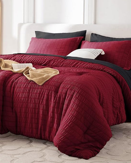 MUXHOMO 5 Pieces Twin Comforter Set, Seersucker Bed in a Bag Twin Size, All Season Luxury Bedding Set with Comforter, Flat Sheet, Fitted Sheet, Pillowcase & Sham, Red & Black