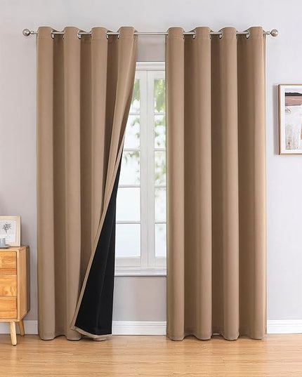 ChrisDowa 100% Blackout Curtains for Bedroom with Black Liner, 2 Thick Layers Total Blackout Thermal Insulated Grommet Window Curtains 2 Panels Set (Cappuccino, 52 x 72 Inch)