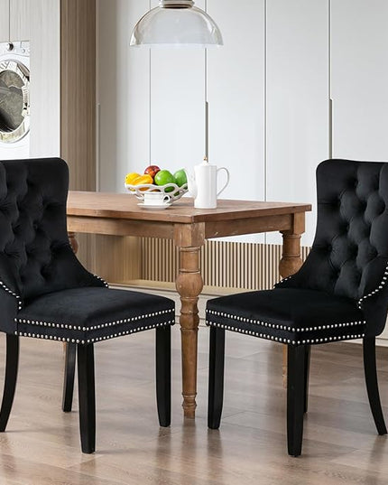 SoarFlash Velvet Dining Chairs Set of 2, Tall Back Side Chair, Modern Upholstered High-end Tufted Side Chair with Button Back Ring, Solid Wood Legs (Black)