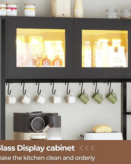 Itaar Bakers Rack with Power Outlet and LED Light, 45.3 Inch Farmhouse Coffee Bar Cabinet, Kitchen Microwave Stand with Storage, Glass Cabinet, Goblet Holder and 8 Hooks, Black