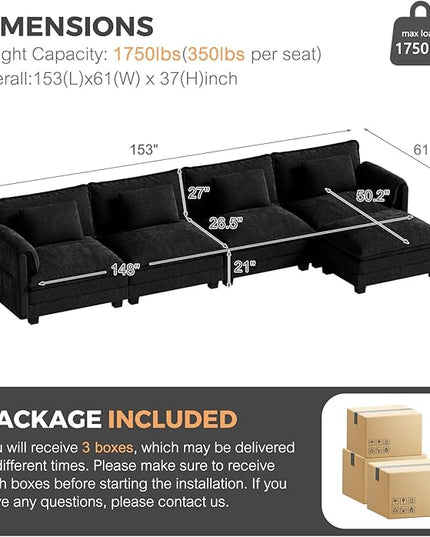 ELUCHANG Oversized 153" Modular Sectional Sofa, Comfy Cloud Couch, L Shaped Deep Seat Sofa Couches for Living Room, 5-Seater Modern Sofa with Movable Ottoman, DIY Combination - Chenille Black