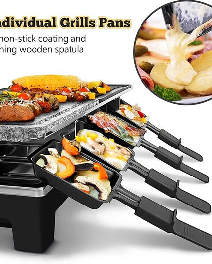 Raclette Table Grill, CUSIMAX Indoor Grill Electric Grill, Portable Korean BBQ Grill with 2 in 1 Reversible Non-stick Plate & Natural Grill Stone, 8 Raclette Pans 8 Wooden Spatulas for Family Fun