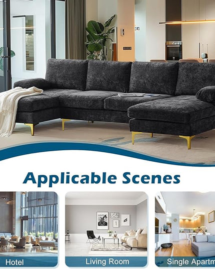 VINGLI 110" Large U-Shape Sectional Sofa Couch with 51" D Double Chaise for Living Room, Modern Sectional Couch Set with Soft 5.9" Thickness Seating Padding, Chenille Fabric,Metal Gold Legs(Black)
