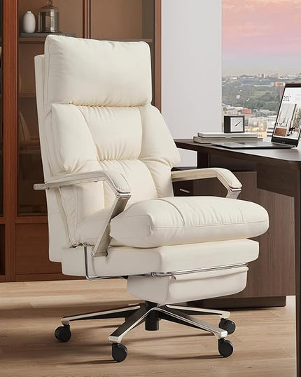 Reclining Office Chair with Footrest - 25.6" Wide Seat & Adjustable Seat Depth, Big and Tall High Back Leather Executive Home Office Desk Chair 400lbs, Cream