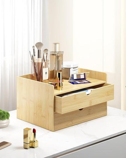 Wisuce Bamboo Desk Organizer - Mini Bamboo Desk Drawer Tabletop Cosmetic Storage Organization for Office or Home (Nature 2 Drawers)
