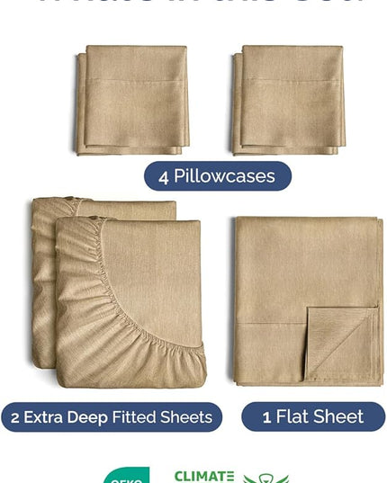 Extra Deep Split King Sheet Set - 7 Piece Breathable & Cooling Sheets - Hotel Luxury Bed Sheets Set - Easy Fit - Soft, Wrinkle Free & Comfy Sheets Set - Heathered Tan Sheet Set w/Extra Deep Pockets