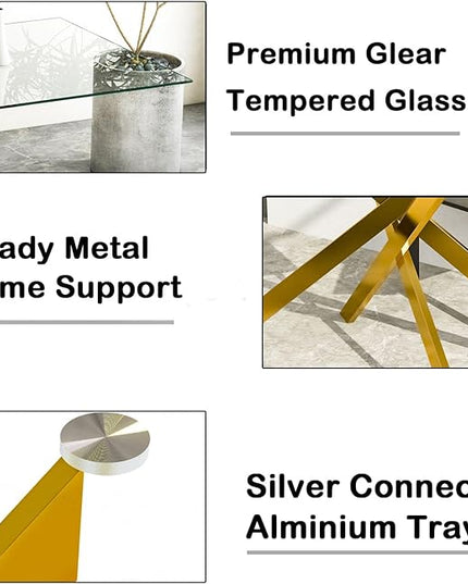 5 Piece Glass Dining Table Set with 4 Fabric Chairs, 51in Glass Gold Kitchen Table and Chair Set for 4, Beige Upholstered Chair, Modern Dining Room Set for 4, Metal Legs Home Kitchen Furniture