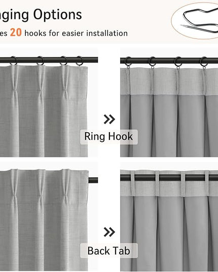 100% Blackout Shield Linen Look Textured Pinch Pleated Curtains Blackout Drapes 120 Inch Long 2 Panels Set, Faux Linen Blackout Curtains for Bedroom & Living Room, 40" W x 120" L, Grey