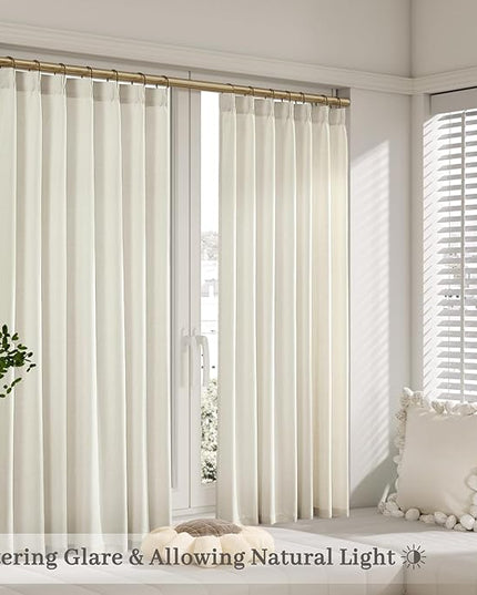 Pinch Pleated Linen Curtains 54 Inch Window Drapes for Small Kitchen Windows, Pleat Light Filtering Short Natural Memory Shaped Curtain 2 Panels Set Soft Textured Boho Ivory 40x54 Inches Cream