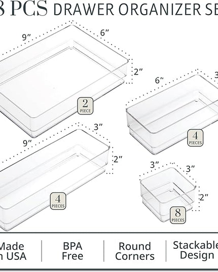STORi SimpleSort 18-Piece Stackable Clear Drawer Organizer Set | Multi-size Trays | Makeup Vanity Storage Bins and Office Desk Drawer Dividers | Made in USA