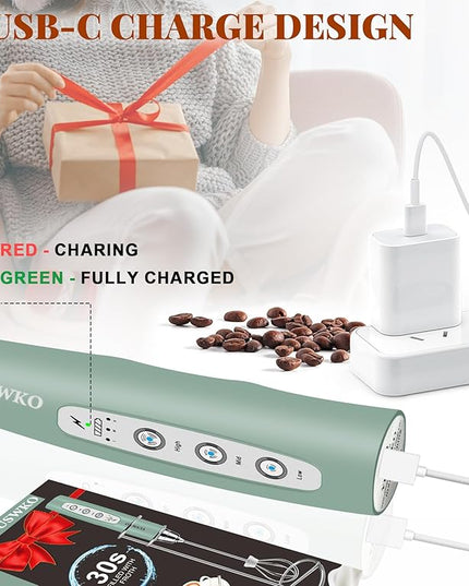 YUSWKO Milk Frother Handheld for Coffee with Stand, Rechargeable Drink Mixer with 3 Heads 3 Speeds Electric Coffee Frother Whisk, Gift for Many Occasions and Festival