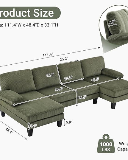 VINGLI 110" Sectional Couches for Living Room,U Shaped Couch with Double Chaise, 4-Seat Sofa Set with Corduroy Fabric for Home Furniture,Green