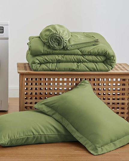 Love's cabin Twin XL Comforter Set Olive Green, 5 Pieces Twin XL Bed in a Bag, All Season Bedding Sets with 1 Comforter, 1 Flat Sheet, 1 Fitted Sheet, 1 Pillowcase and 1 Pillow Sham