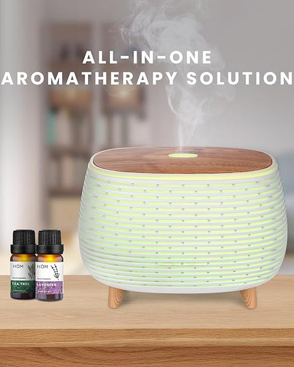 HOM Smart Aromatherapy Diffuser Set with 6 Essential Oils (10ml Each) - 400 ml Ultrasonic Essential Oil Diffuser with 7 Interchangeable LED Colors - Set Schedule and Customize Mood via Phone App