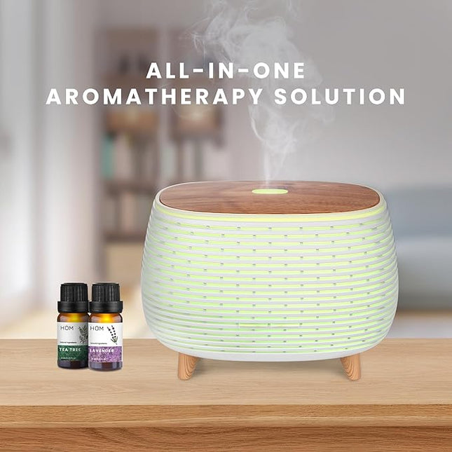HOM Smart Aromatherapy Diffuser Set with 6 Essential Oils (10ml Each) - 400 ml Ultrasonic Essential Oil Diffuser with 7 Interchangeable LED Colors - Set Schedule and Customize Mood via Phone App