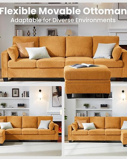 CHIC HOUSE Corduroy Modular Sectional Couch with Ottoman Chaise, L/U Shaped Sleeper Sofa for Living Room, Apartment, Lounge, Modern Armrest Neck Support Furniture (5 Seater Sectional, Mustard Yellow)