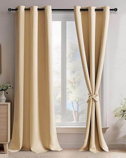 JIUZHEN Beige Blackout Curtains for Bedroom - Light Blocking and Noise Reducing Grommet Curtains for Living Room Darkening Curtains, Set of 2 Window Curtain Panels, 42 x 96 Inch Length