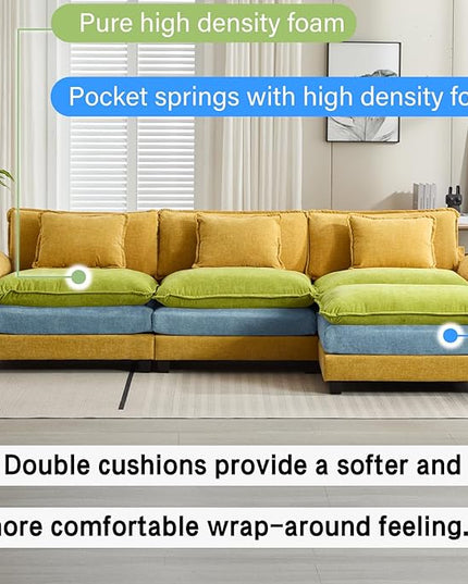 120" Modular Sectional Sofa, Comfy Cloud Couch Sectional Sofa with Ottoman, Chenille Sofa Sleeper Deep Seat Sofa with Throw Pillows for Living Room (Yellow, 120"- L Shape)