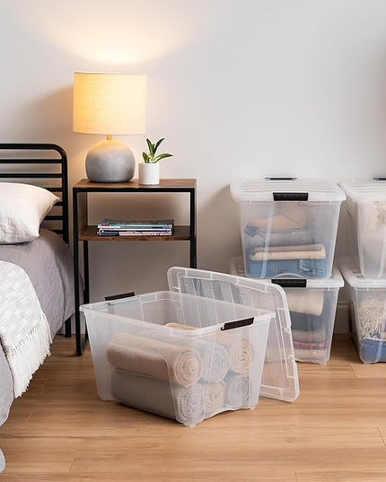 IRIS USA 54 Qt Stackable Plastic Storage Bins with Lids, 6 Pack - BPA-Free, Made in USA - See-Through Organizing Solution, Latches, Durable Nestable Containers, Secure Pull Handle - Clear
