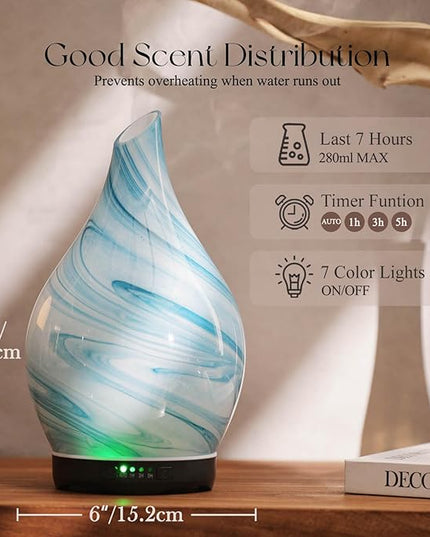 Porseme 280ml Essential Oil Diffuser Glass Color Changing Aroma Air Diffusers Aromatherapy Ultrasonic Cool Mist Humidifier 7 Running Hours Waterless Auto-Off for Sleeping, Yoga, Office, Spa (Blue Ink)