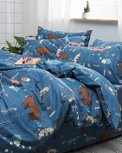 Houseri Blue Bear Twin Comforter Set 3 Pieces Toddler Boys Girls Navy Cartoon Woodland Bedding Sets Comfy Soft Kids Gift Fox Rabbit Forest Animal Painting Breathable Dark Color Bed Quilts Twin Size