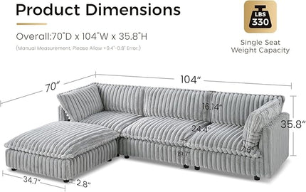 KKL Modular Sectional Couch for Living Room, L Shaped Corduroy Couches with 1 Ottomans, 4 Seater Oversized Sofa, Soft Fabric Modern Sofa, Grey